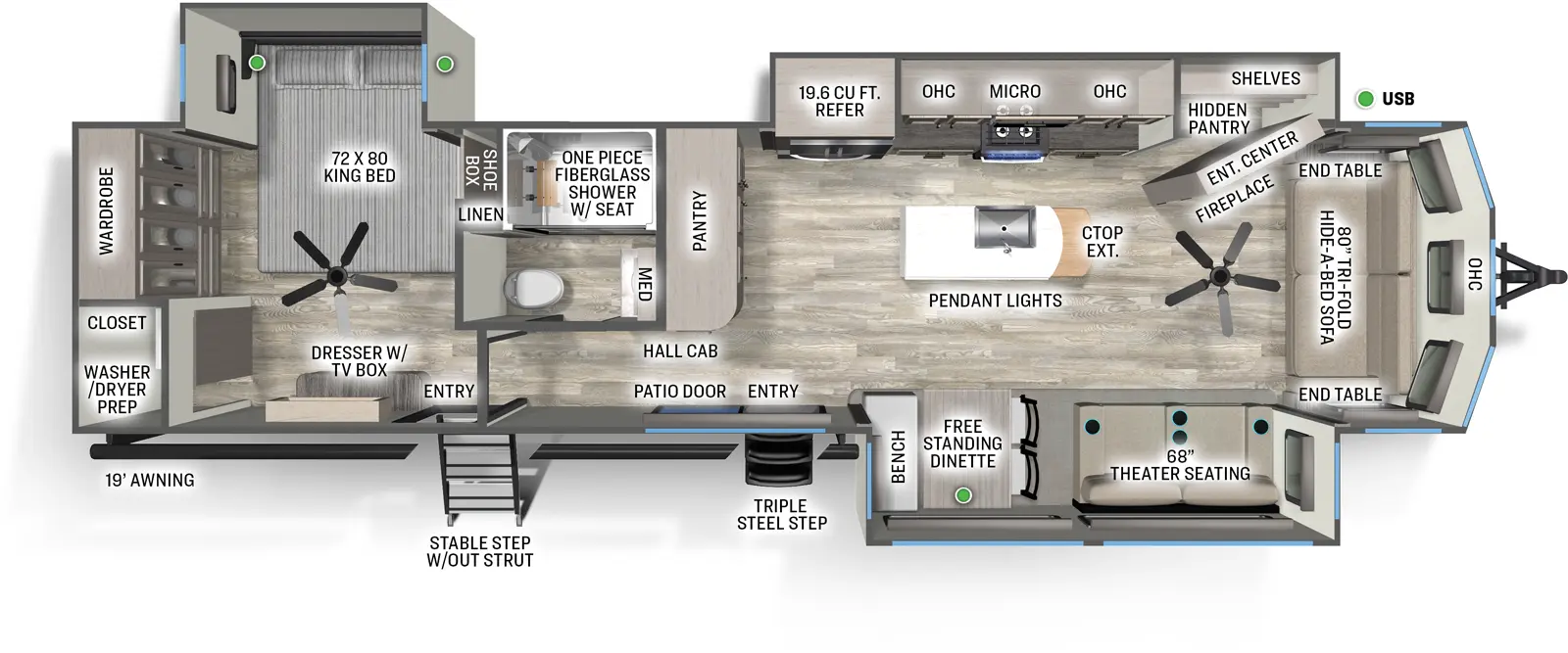 The Sandpiper Destination 401FLX floorplan has two entries and three slide outs. Exterior features include: fiberglass exterior and 19' awning. Interiors features include: kitchen island, free-standing dinette option, rear bedroom and front living.